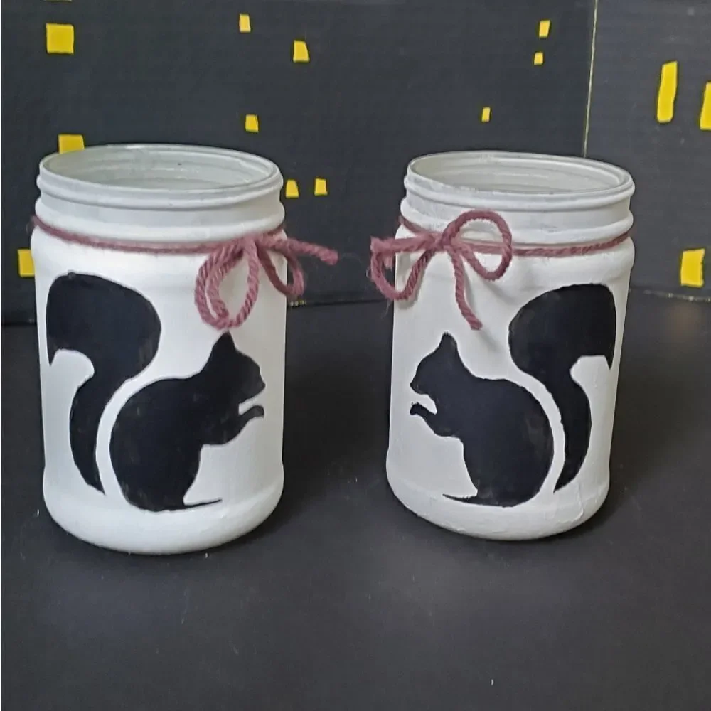 Hand Painted Glass Jars, Black Squirrels